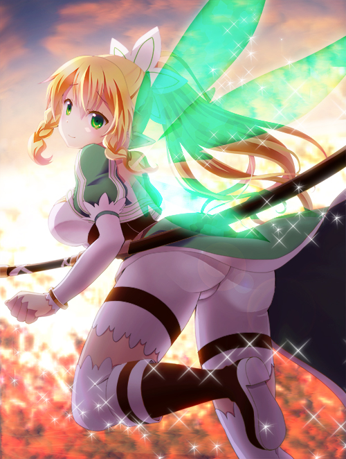 1girl, ass, blonde_hair, braid, fairy_wings, green_eyes, leafa, long_hair, looking_back, miyato000, pointy_ears, ponytail, smile, solo, sword, sword_art_online, thighhighs, twin_braids, weapon, wings