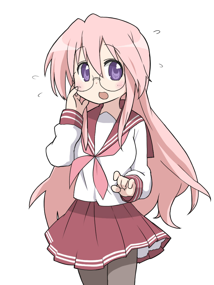 glasses, long_hair, lucky_star, pantyhose, pink_hair, purple_eyes, school_uniform, serafuku, solo, suzumiya_annko, takara_miyuki, violet_eyes