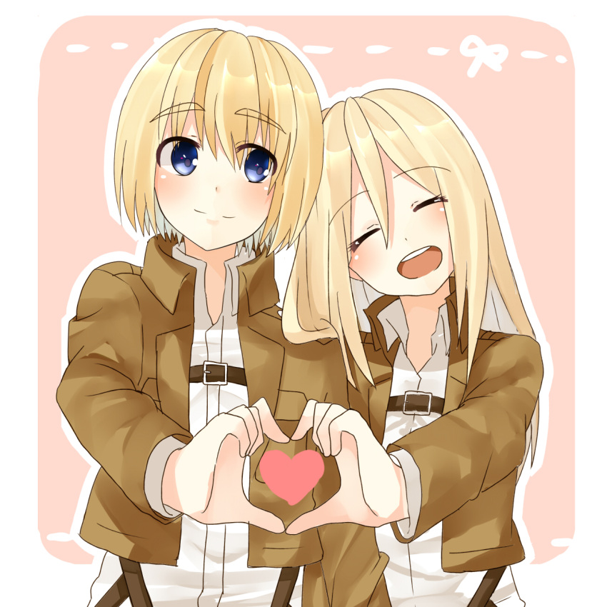 1boy, 1girl, armin_arlert, blonde_hair, blue_eyes, christa_renz, closed_eyes, heart
