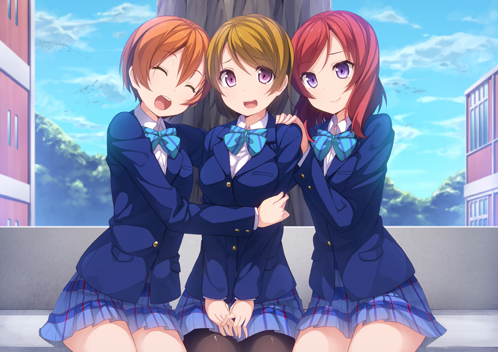 3girls, blazer, blush, brown_hair, hands_on_shoulders, hoshizora_rin, hug, koizumi_hanayo, looking_at_viewer, love_live!_school_idol_project, multiple_girls, nishikino_maki, open_mouth, orange_hair, pantyhose, redhead, school_uniform, short_hair, sitting, siva_(executor), skirt, smile, violet_eyes