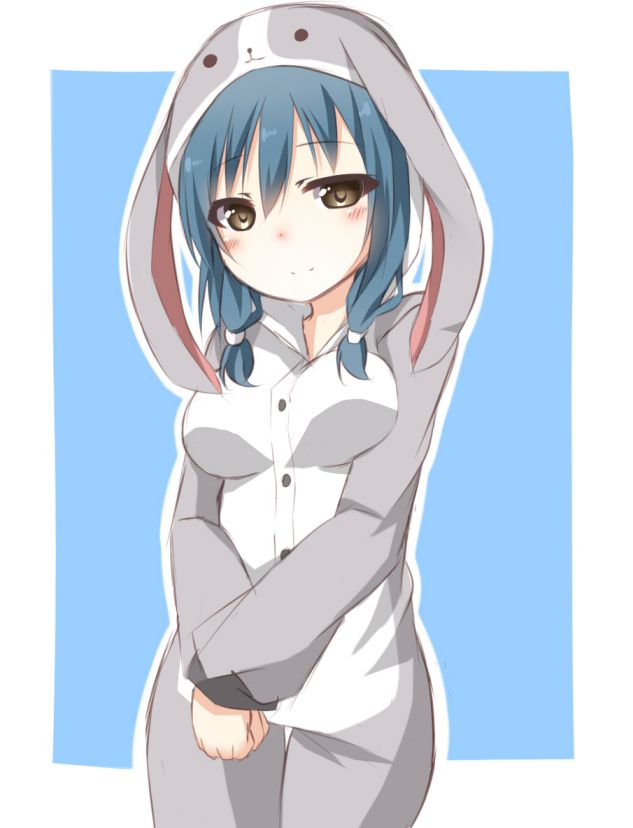 1girl, blue_hair, breasts, brown_eyes, bunny_pajamas, buttons, furutani_himawari, kou89