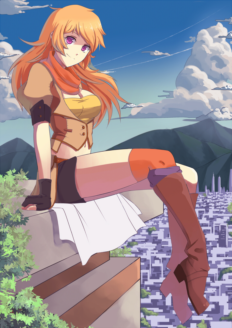 1girl, blonde_hair, boots, breasts, city, cityscape, cleavage, clouds, fingerless_gloves, gloves, highres, landscape, long_hair, looking_at_viewer, midriff, mountain, navel, rwby, scenery, single_thighhigh, sitting, sitting_on_roof, sky, smile, solo, thighhighs, tree, violet_eyes, yang_xiao_long