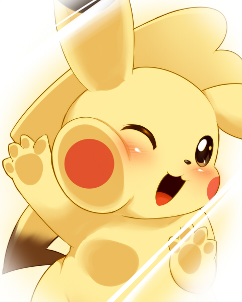 against_glass, brown_eyes, fourth_wall, no_humans, open_mouth, pikachu, pokemon, pokemon_(creature), ukan_muri, wink
