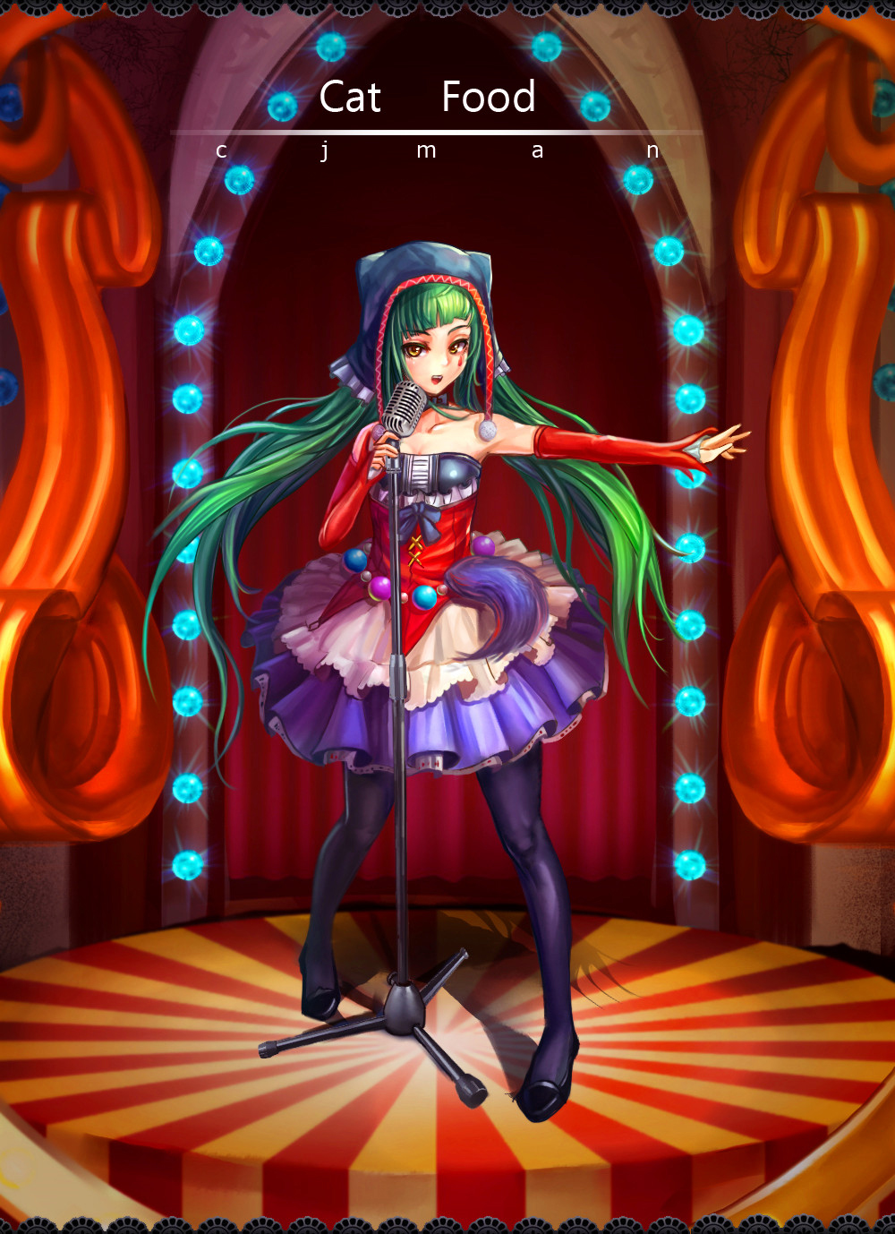 1girl, artist_name, cat_food_(vocaloid), cj_man, copyright_name, detached_sleeves, green_hair, hatsune_miku
