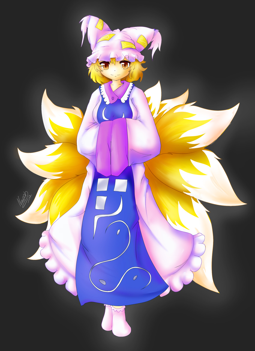 1girl, absurdres, animal_ears, blonde_hair, fox_tail, hat, highres, multiple_tails