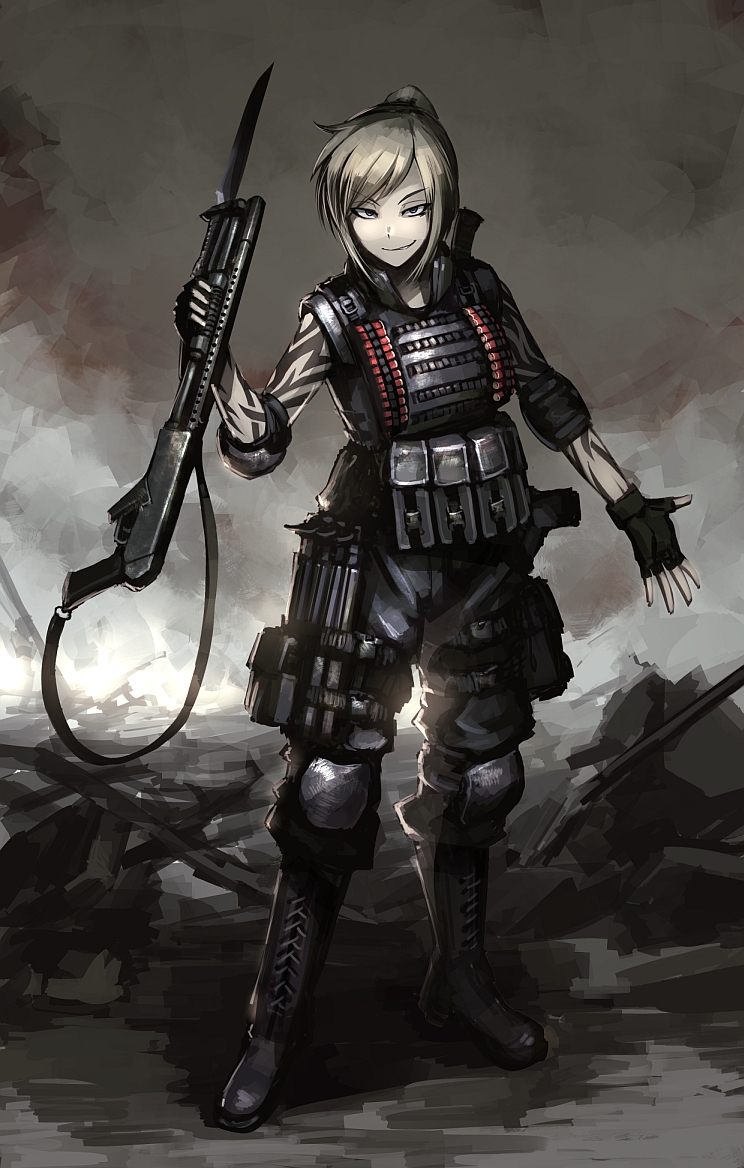 1girl, bayonet, blonde_hair, boots, elbow_pads, fingerless_gloves, gloves, gun, hetza_(hellshock), knee_pads, load_bearing_vest, looking_at_viewer, original, ponytail, shotgun, shotgun_shells, suzumi_(hetza), weapon