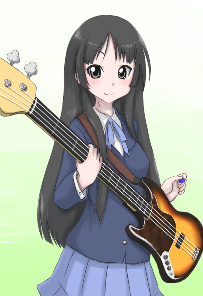 1girl, akiyama_mio, black_eyes, black_hair, guitar, instrument, k-on!, long_hair, plectrum, pxton, school_uniform, skirt, smile, solo