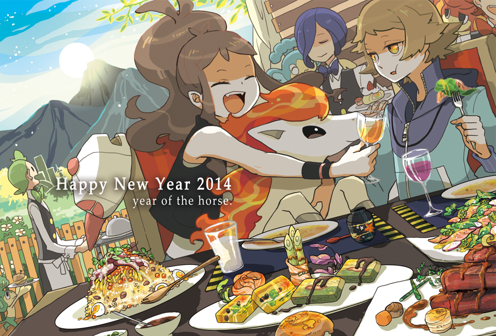 1girl, 2014, 4boys, apron, baseball_cap, blue_hair, bowtie, brown_eyes