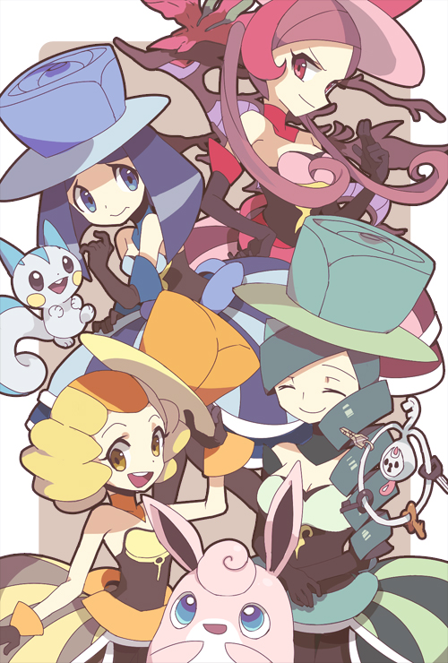 4girls, bare_shoulders, blonde_hair, blue_eyes, blue_hair, closed_eyes, dragalge, dress