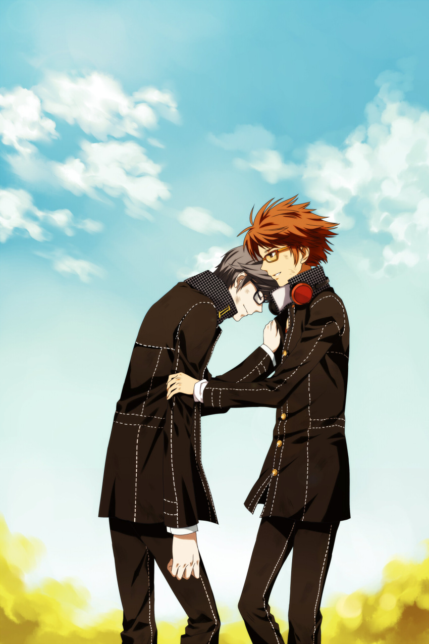 2boys, brown_eyes, brown_hair, emonana, glasses, hanamura_yousuke, headphones, headphones_around_neck