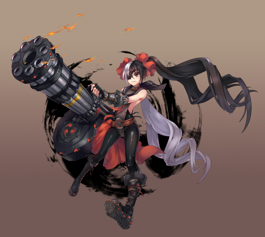 1girl, belt, blade_&amp;_soul, boots, brown_eyes, eyepatch, fingerless_gloves, gatling_gun, gloves, gun, huazang, knee_boots, leather_pants, leotard, long_hair, multicolored_hair, pohwaran, ribbon, sleeveless, smile, solo, twintails, two-tone_hair, very_long_hair, weapon