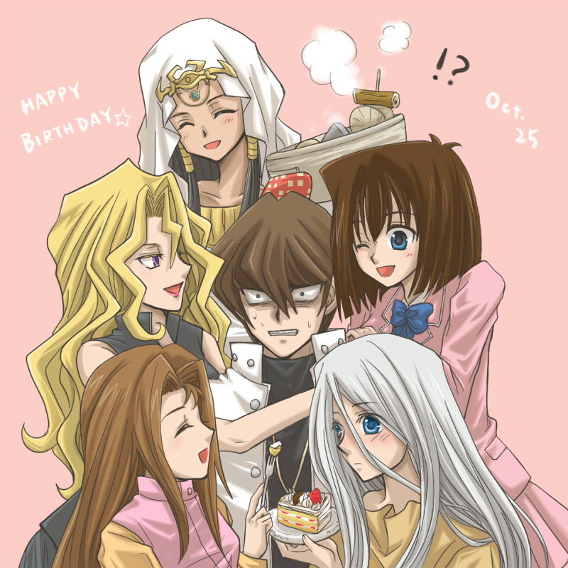 birthday, black_hair, blonde_hair, blue_eyes, blush, brown_hair, cake, chikuwa