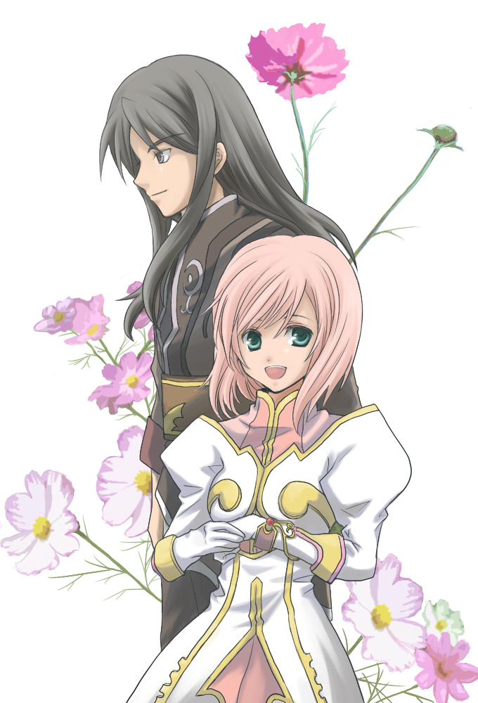 1girl, black_hair, blue_eyes, estellise_sidos_heurassein, flower, gloves, komaki3, pink_hair, profile, short_hair, smile, tales_of_(series), tales_of_vesperia, yuri_lowell