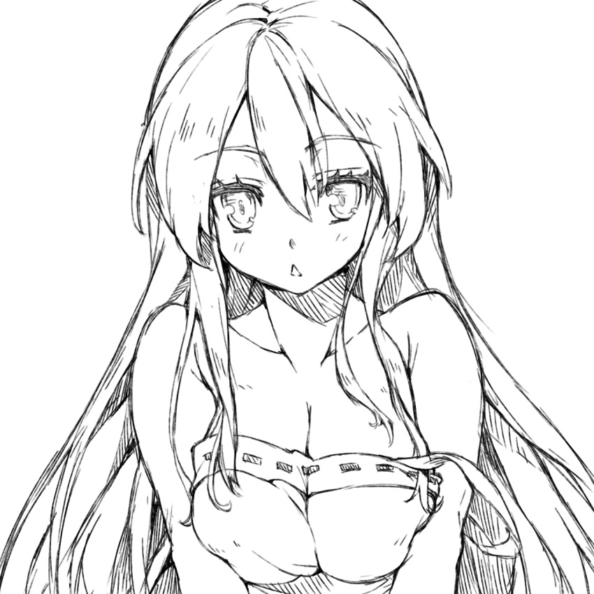 1girl, :<, breasts, cleavage, highres, long_hair, mizuhara_ichika, monochrome, off_shoulder, onee-chan_ga_kita, open_mouth, redcomet, sleeveless, solo