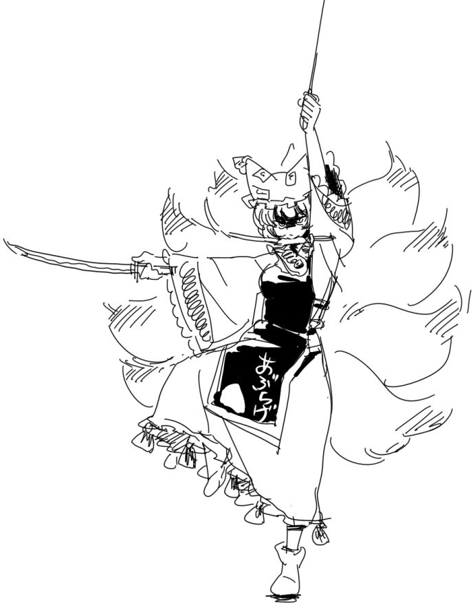 bow, cat_eyes, dress, fighting_stance, frills, hair_bow, hat, mitsumoto, monochrome, mouth_hold, multiple_tails, shoes, short_hair, sketch, slit_pupils, solo, standing_on_one_leg, sword, tail, touhou, triple_wield, triple_wielding, weapon, wide_sleeves, yakumo_ran