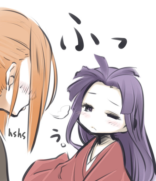 2girls, blown_air, blush, character_request, commentary_request, hair_blowing, hime_cut, japanese_clothes