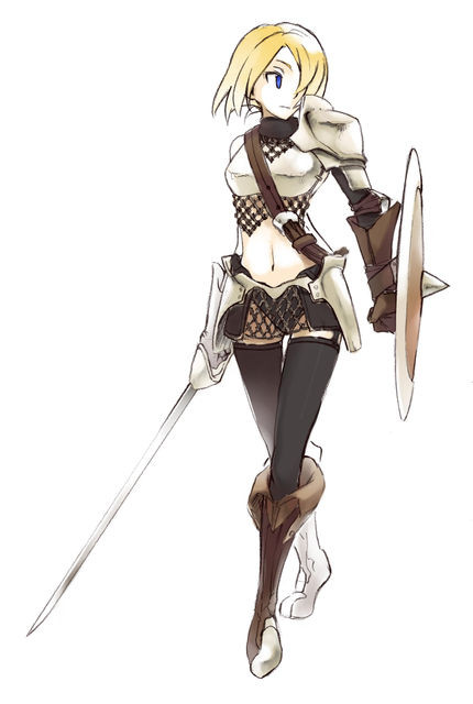 1girl, black_legwear, blonde_hair, blue_eyes, boots, breastplate, chainmail, commentary_request, crossed_legs, elbow_pads, female, garter_straps, gauntlets, hair_over_one_eye, hip_armor, knight, looking_to_side, original, plate_armor, poaro, saber_(weapon), shield, shoulder_plates, simple_background, sitting, solo, spiked_shield, strap, sword, thighhighs, walking, weapon, white_background