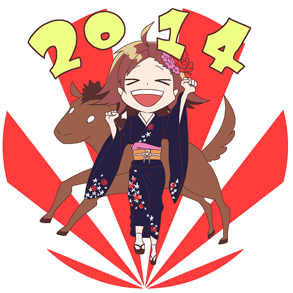 >_<, 1girl, 2014, :d, commentary, flower, higuchi_(trigger), horse