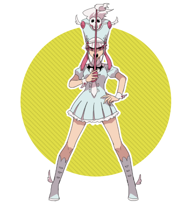 1girl, baton, boots, dress, hat, jakuzure_nonon, kanimiso_(marimo), kill_la_kill, pink_eyes, pink_hair, shako_cap, solo, uniform, wrist_cuffs