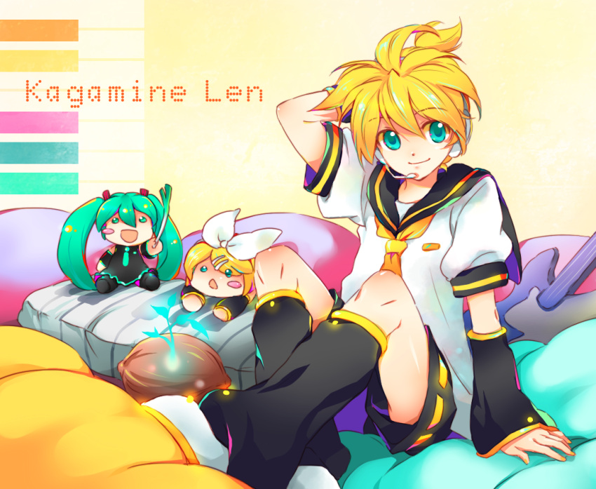 bed, blonde_hair, blush, boy, chibi, coconut, hatsune_miku, headphones