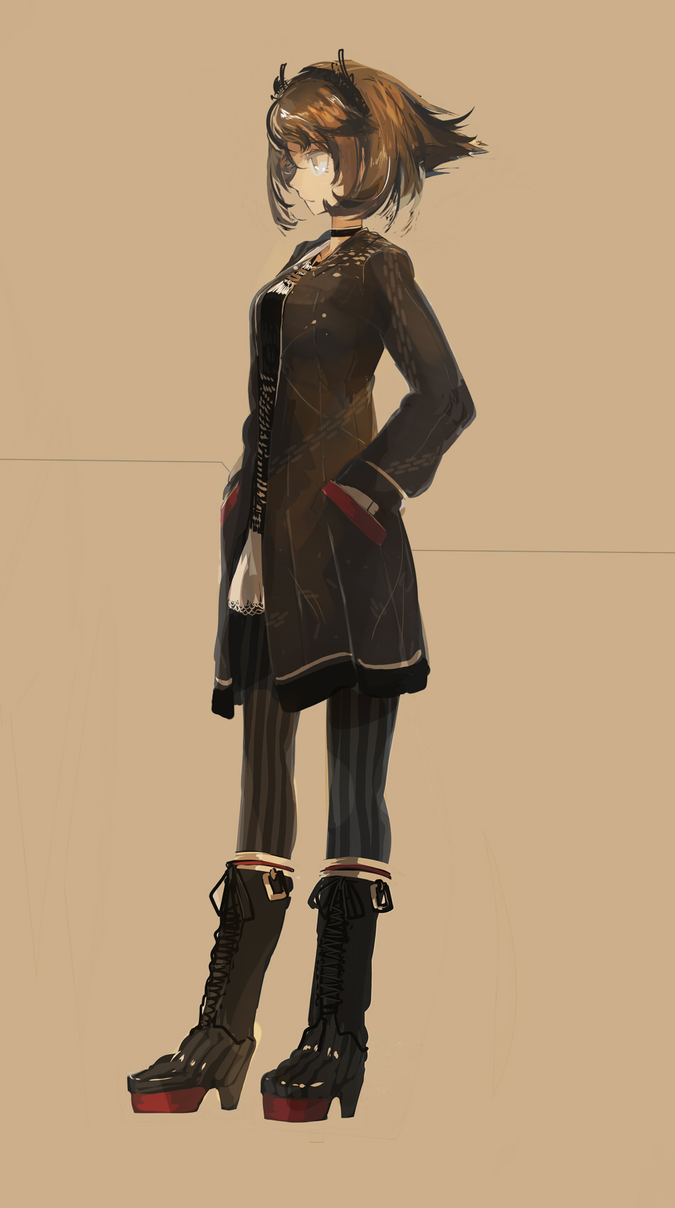 1girl, boots, brown_hair, character_request, choker, cus-tom, hair_ornament, headgear