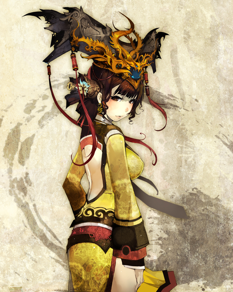 1girl, back_cutout, bebe1999, blush, brown_eyes, brown_hair, china_dress, chinese_clothes