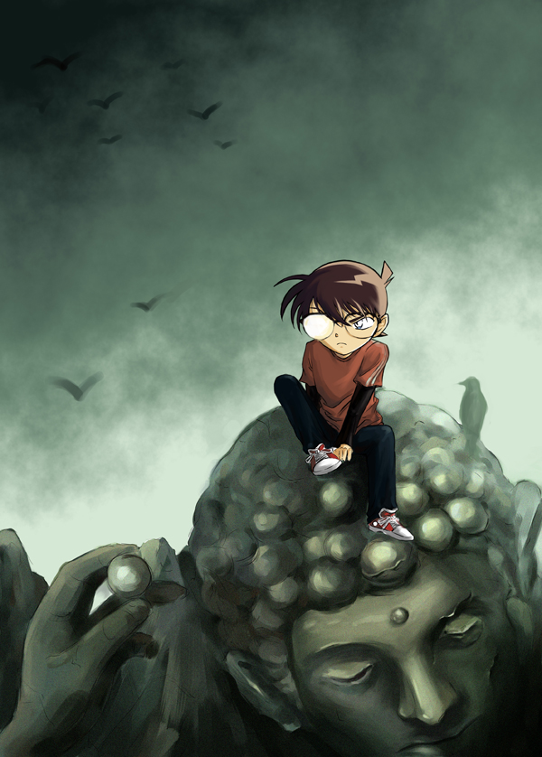 blue_eyes, brown_hair, buddha, casual, detective_conan, edogawa_conan, glasses, meitantei_conan, shoes, sitting, sneakers, statue, vane-b