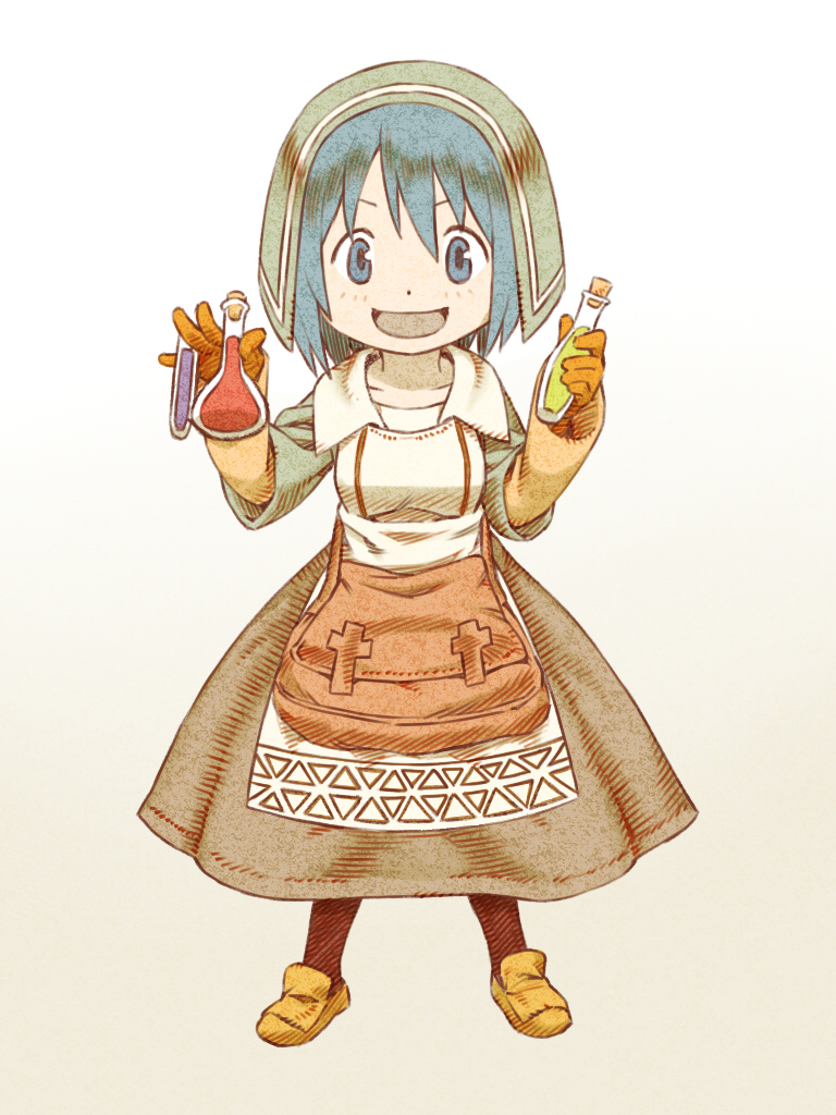 1girl, :d, bag, blue_eyes, blue_hair, chemist_(fft), dress, final_fantasy, final_fantasy_tactics, gloves, head_scarf, mahou_shoujo_madoka_magica, miki_sayaka, oda_takayuki, open_mouth, potion, simple_background, smile, solo, vial, white_background