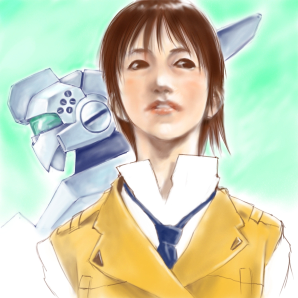 alphonse_(av-98_ingram), av-98_ingram, brown_eyes, brown_hair, izumi_noa, kidou_keisatsu_patlabor, lips, mecha, necktie, police, police_uniform, policewoman, realistic, science_fiction, short_hair, uniform, vest