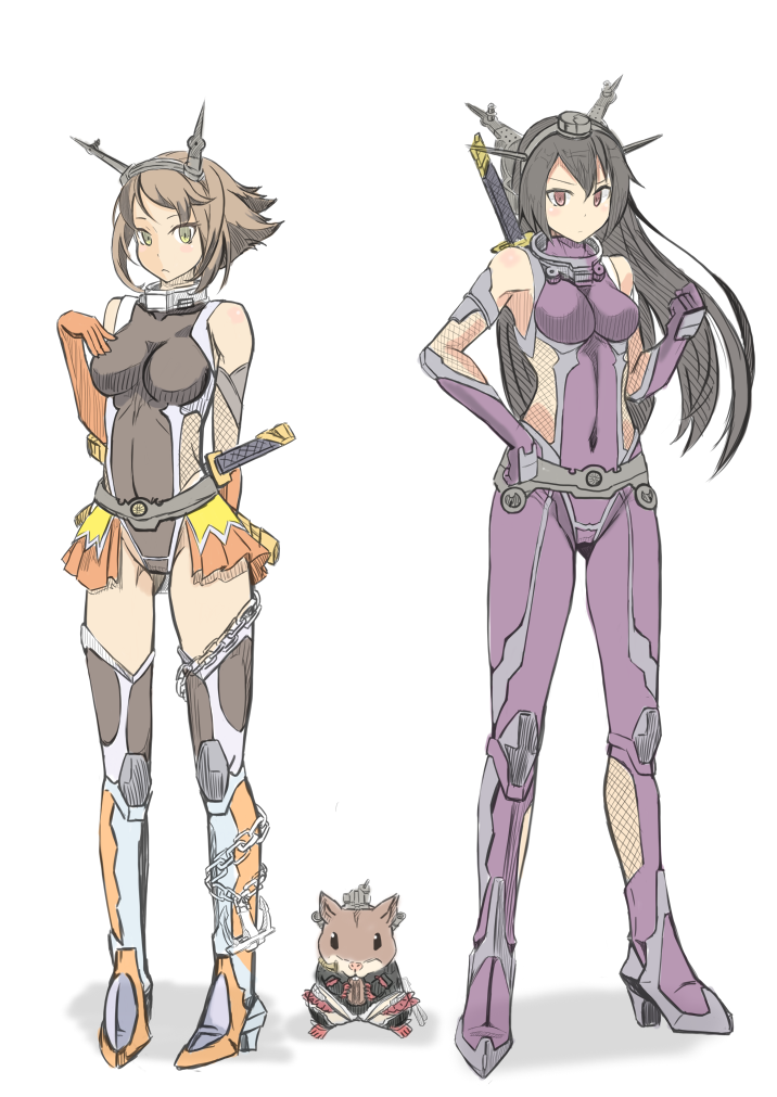 3girls, alternate_costume, animalization, bare_shoulders, black_hair, bodysuit, breasts, brown_hair