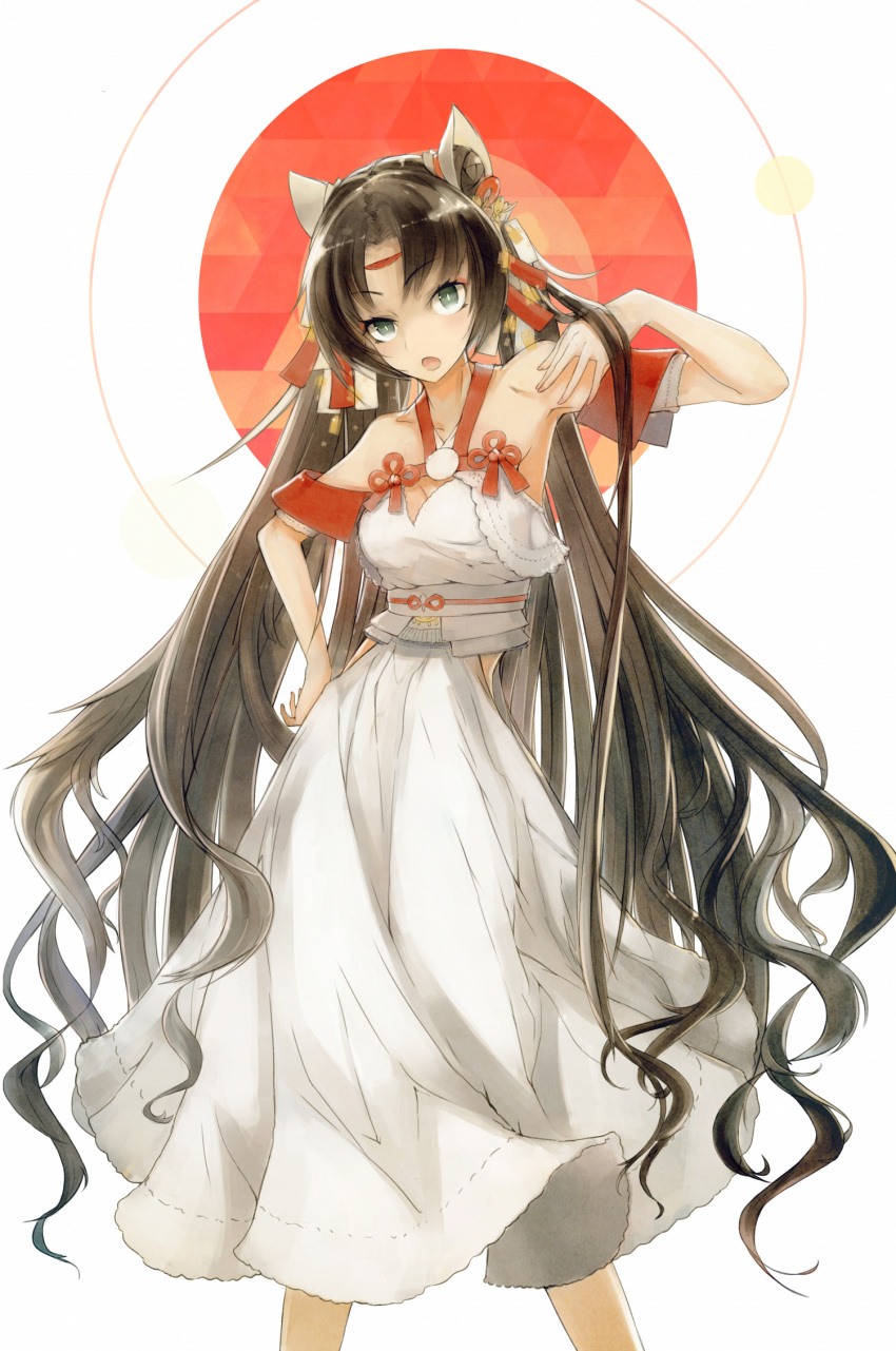 1girl, al-qalam, amaterasu_(mythology), bare_shoulders, black_hair, breasts, cleavage, dress, hair_bun, hair_ornament, hand_on_hip, highres, japanese_mythology, long_hair, md5_mismatch, original, simple_background, solo, very_long_hair, white_background, white_dress
