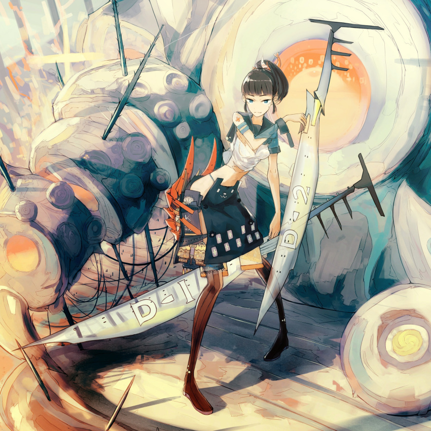 1girl, absurdres, al-qalam, armband, bangs, black_hair, blue_eyes, blunt_bangs