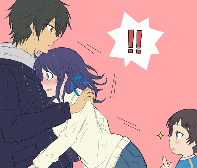 !!, 1girl, 2boys, black_eyes, black_hair, blue_eyes, blue_hair, brown_hair
