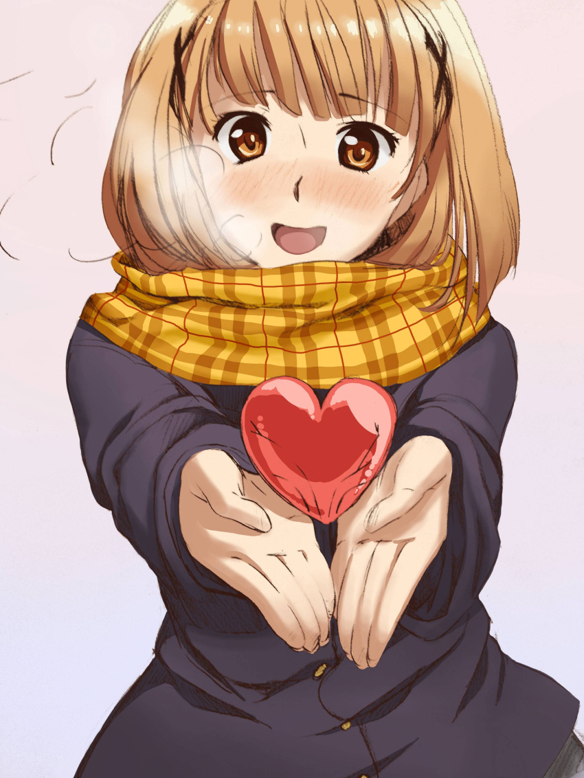 1girl, absurdres, anon_tyty-yde, brown_eyes, brown_hair, cold, heart, highres