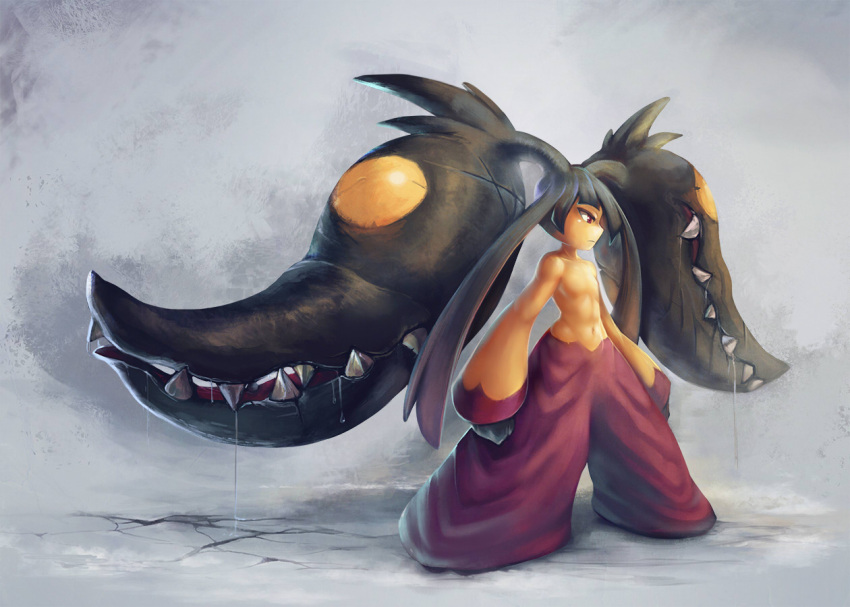 abs, drooling, extra_mouth, mawile, mega_pokemon, navel, no_humans, open_mouth