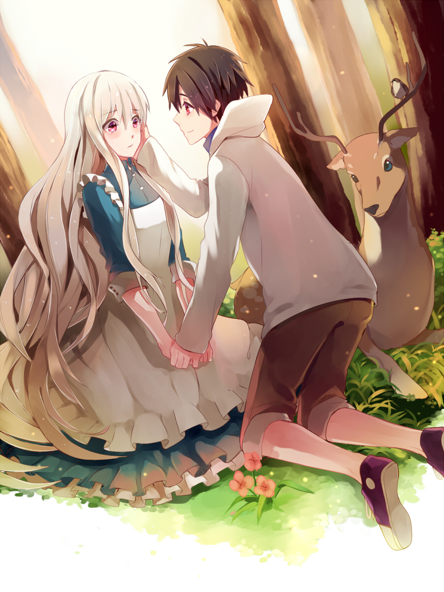 1boy, 1girl, black_hair, blonde_hair, deer, dress, flower, hand_on_another's_cheek