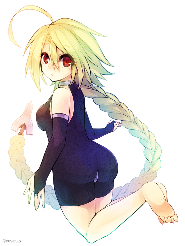 ahoge, ass, blazblue, blonde_hair, bodysuit, braid, cape, lambda-11
