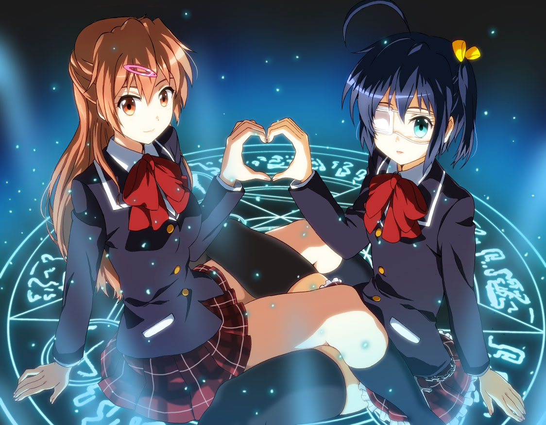2girls, black_hair, blue_eyes, brown_eyes, brown_hair, chuunibyou_demo_koi_ga_shitai!, eyepatch, fugakuhyakkei