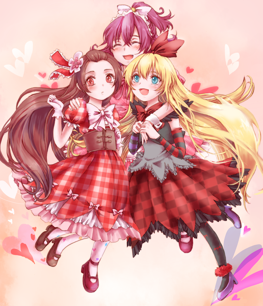 3girls, aida_mana, alternate_costume, arm_warmers, bat_print, blonde_hair, blue_eyes, blush, bow, brown_eyes, brown_hair, checkered_dress, closed_eyes, corset, dokidoki!_precure, dress, flipped_hair, gloves, hair_bow, half_updo, long_hair, madoka_aguri, mirrrrr, multiple_girls, pantyhose, pink_hair, plaid, plaid_dress, precure, print_legwear, puffy_sleeves, regina_(dokidoki!_precure), ribbon, shoes, short_hair, smile, unmoving_pattern, white_legwear