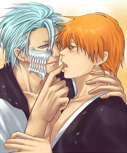 2boys, bleach, blush, grimmjow_jaggerjack, kurosaki_ichigo, smile, water, wet