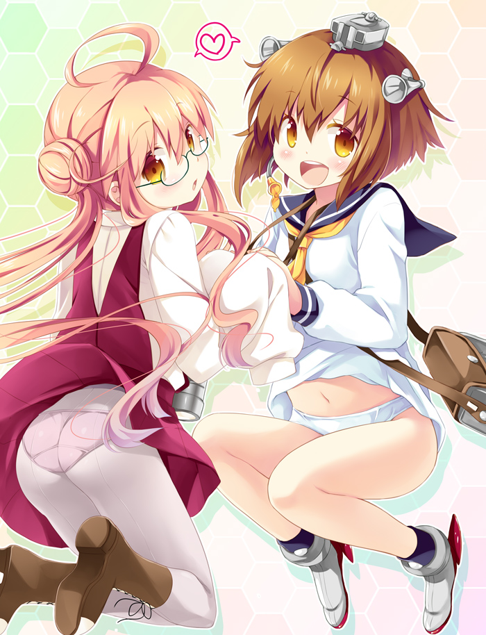2girls, ahoge, ass, bag, boots, brown_eyes, brown_hair, eretto