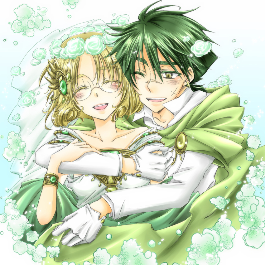 1boy, 1girl, bangs, blonde_hair, blush, bracelet, brooch, cape, closed_eyes, collarbone, colored_eyelashes, couple, earrings, ferio_(rayearth), gem, glasses, gloves, green_hair, hair_ornament, happy, hetero, highres, holding, hououji_fuu, hug, hug_from_behind, jewelry, laughing, long_sleeves, magic_knight_rayearth, parted_bangs, scar, short_hair, veil, white_gloves, wink, wreath, yakkuyakkuyakku