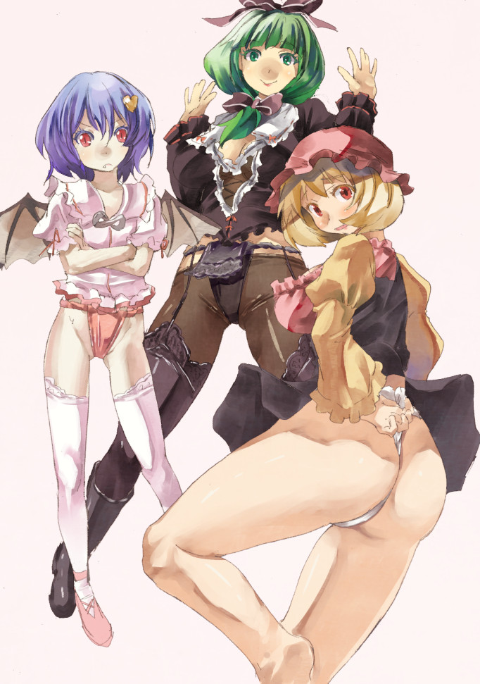 3girls, aki_minoriko, ass, bat_wings, black_legwear, blonde_hair, blue_hair, crossed_arms, fang, front_ponytail, fundoshi, fundoshi_under_pantyhose, garter_straps, green_hair, grey_hair, hair_ornament, hair_ribbon, hairclip, hat, heart_hair_ornament, kagiyama_hina, multiple_girls, no_hat, no_pants, open_mouth, red_eyes, remilia_scarlet, ribbon, short_hair, slit_pupils, smile, thigh-highs, thighhighs_over_pantyhose, touhou, wings, yohane