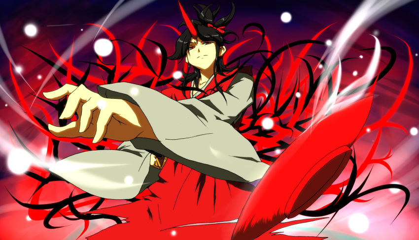 1girl, black_hair, bow, danmaku, hair_bow, highres, hiseki_(tknkkm), horn