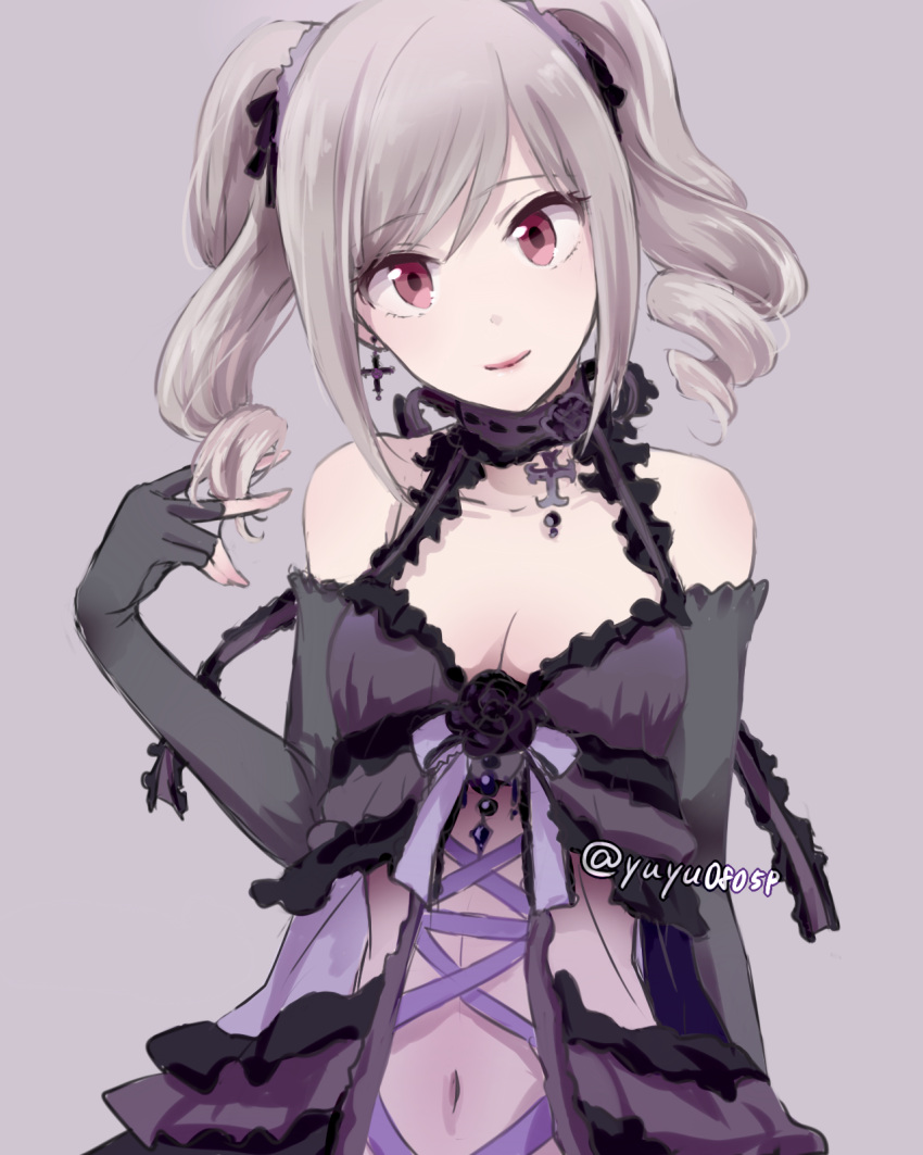 1girl, artist_name, black_rose, breasts, cleavage, collarbone, cross, drill_hair