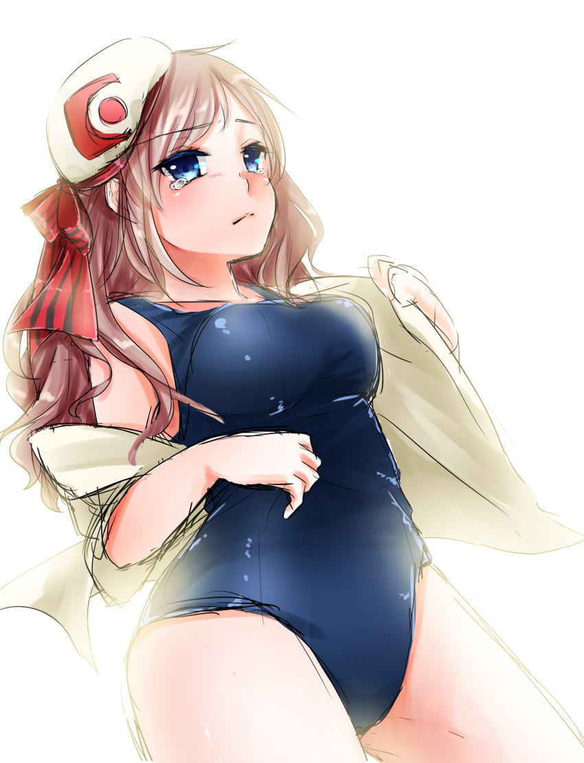 1girl, absurdres, blue_eyes, brown_hair, hat, highres, long_hair, original, satsuki_kureharu, school_swimsuit, solo, swimsuit, tears