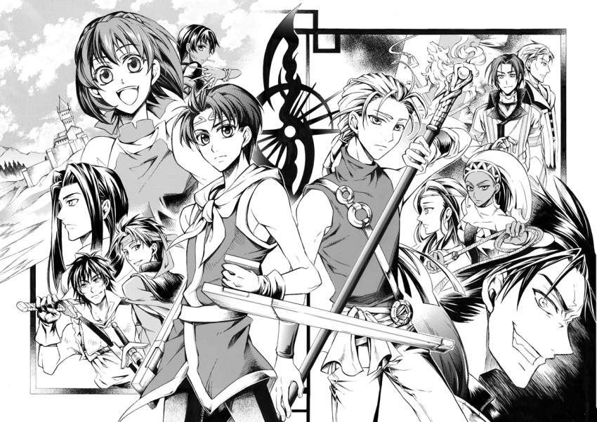4girls, 6+boys, between_fingers, circlet, clenched_teeth, culgan, dual_wielding, eilie, everyone, flik, gensou_suikoden, gensou_suikoden_ii, hairband, headband, jillia_blight, jowy_atreides-blight, long_hair, luca_blight, lucia_(suikoden), monochrome, multiple_boys, multiple_girls, nanami, riou, scarf, seed_(suikoden), short_hair, shu_(suikoden), staff, tonfa, true_rune, viktor, wataringo, weapon, whip