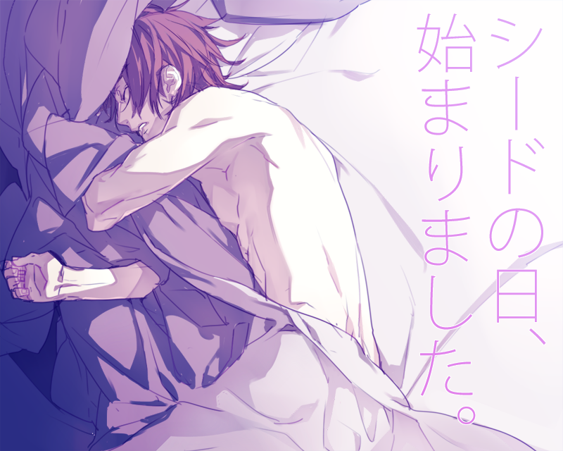 1boy, alternate_hair_color, blanket, brown_hair, gensou_suikoden, gensou_suikoden_ii, kaburaya, lying, male, on_side, seed_(suikoden), shirtless, sleeping, solo