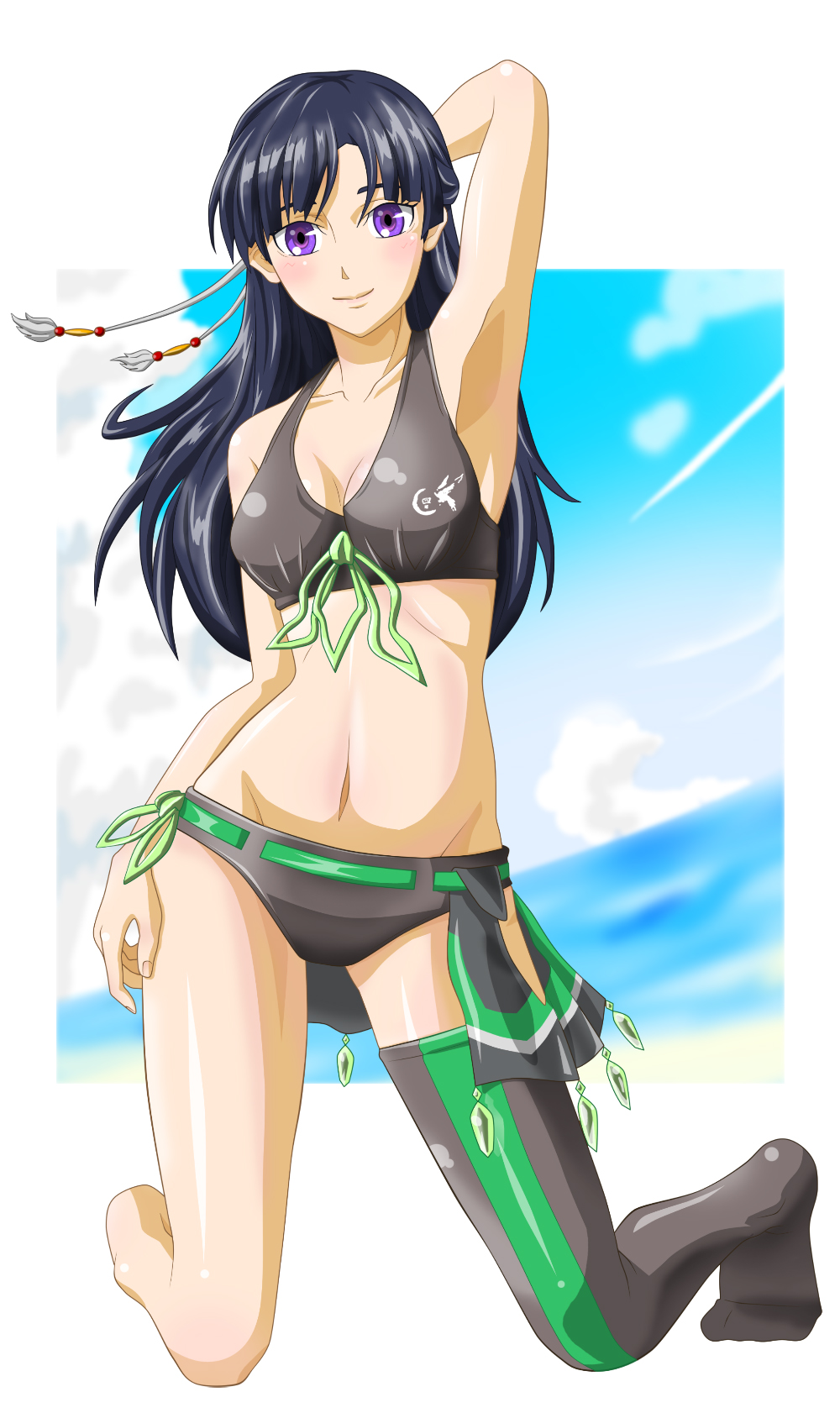 1girl, bikini, black_hair, highres, ibuki_sakura_(sgw_v07), kakumeiki_valvrave, long_hair, rukino_saki, single_thighhigh, swimsuit, thigh-highs, violet_eyes