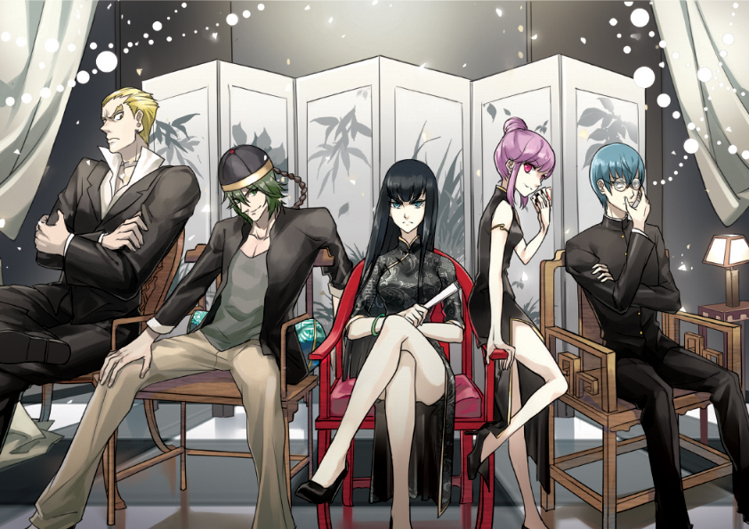 2girls, 3boys, alternate_costume, black_hair, blonde_hair, blue_hair, chair, china_dress, chinese_clothes, crossed_legs, gamagoori_ira, glasses, green_hair, hair_bun, hat, inumuta_houka, jakuzure_nonon, kill_la_kill, kiryuuin_satsuki, long_hair, looking_at_viewer, mintgreen0913, multiple_boys, multiple_girls, purple_hair, sanageyama_uzu, short_hair, sitting, tangzhuang